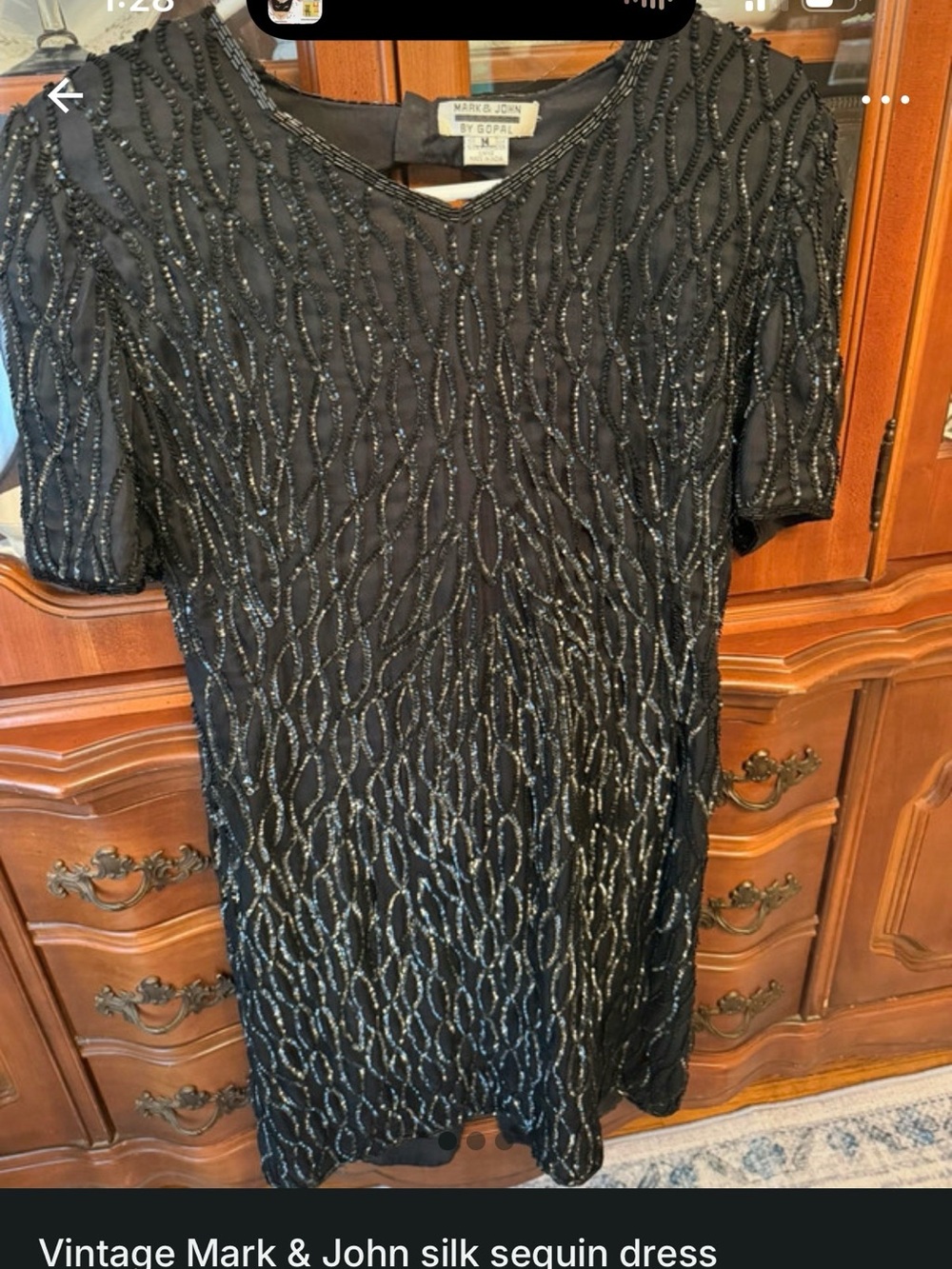 Vintage Mark & John Black Silk Sequin Short-Sleeve Dress